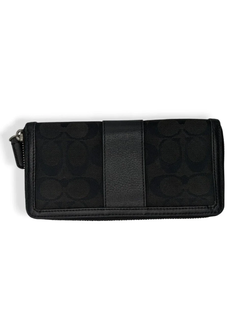 Coach Signature Wallet Black Jacquard C Logo Canvas Leather Zip Around Organizer